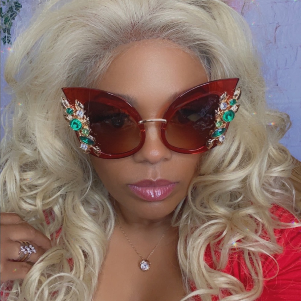 Dark RED cat eye butterfly rhinestone bling embellished sunglasses.